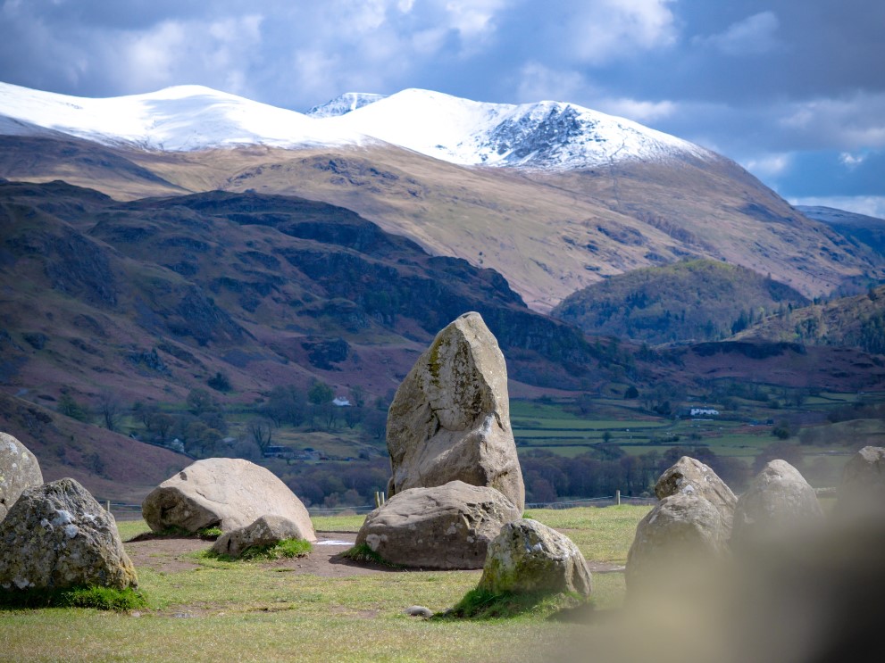 Castlerigg Stone Circle with snow in the background