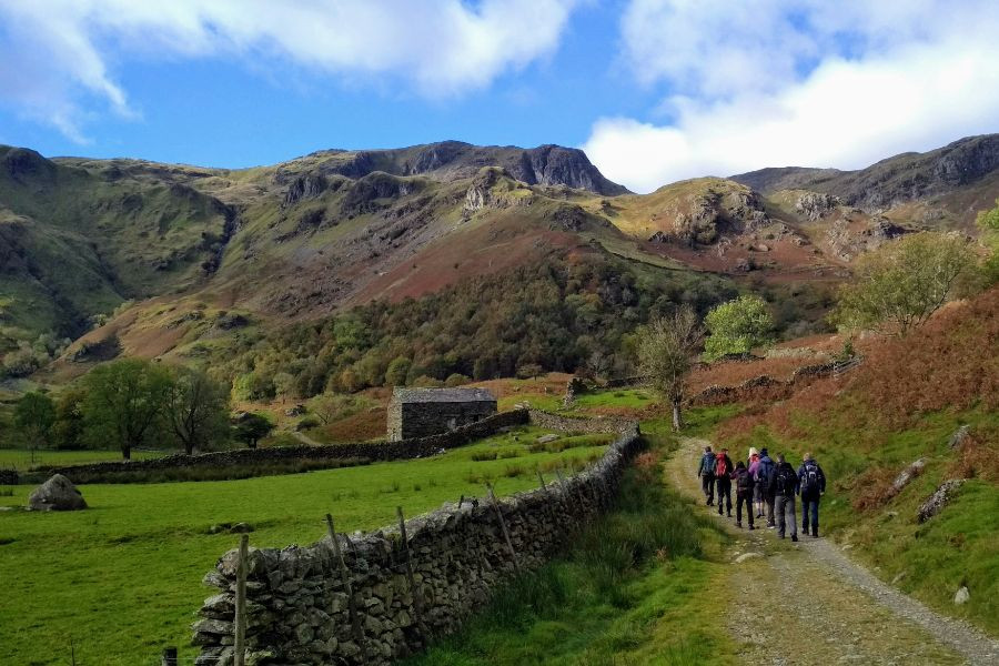 Group of people hiking along a footpath in Borrowdale